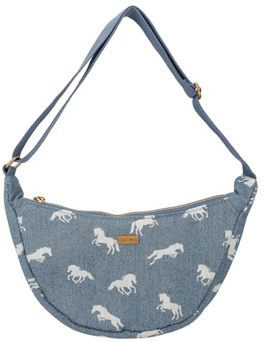 Depesche 12873 Miss Melody Denim - Kleine Halbmond Umhängetasche aus Jeans, mit Pferde Muster, Dunkelblaue Tasche mit verstellbarem Schultergurt