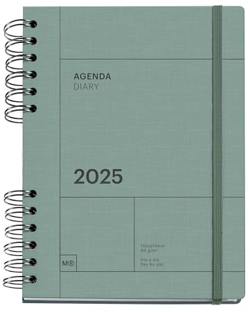Miquelrius - Agenda 2025, Årlig dagbok 155 x 213 mm, dagskalender, fodrat kartong, hållbart papper, 100 g/m², gummiförslutning, spanska, engelska och portugisiska, grön