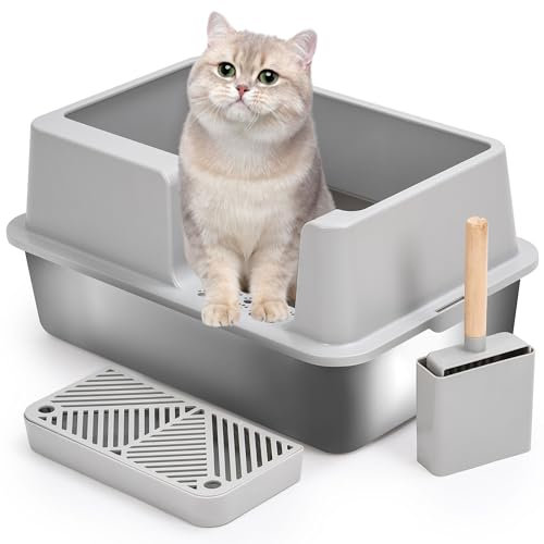 Uisave Offene Katzentoilette Edelstahl Katzenklo XXL– Große Katzentoilette für Große Katzen und Kätzchen – Spritzschutz, Leicht zu Reinigen, Tierfreundliches Design,Grau