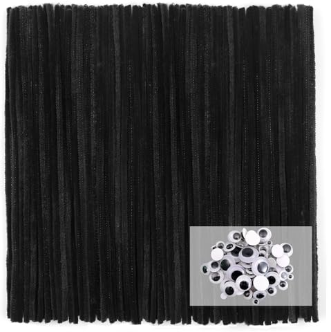 TOAOB 100 Pezzi Scovolini Ciniglia Steli per Lavoretti Nero Pipe Cleaner Bastoncini Decorativi e 100 Occhi Mobili Adesivi per Fai da Te Artigianato Scrapbooking Bambole Pupazzi