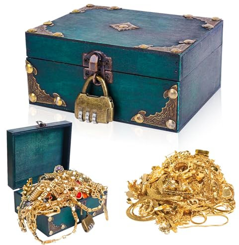 Forbabe Coffre au trésor en bois avec serrure - 15 x 12 x 8 cm - Vintage - Coffre de rangement - Boîte de pirate - Pour anniversaire d'enfant - Pour ranger et décorer des cadeaux