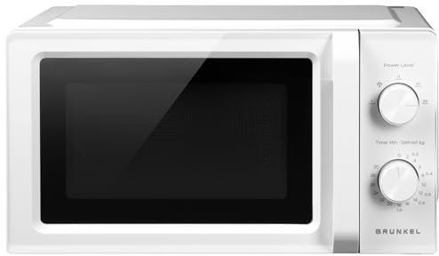 Microonde Grunkel senza grill da 700 W 20 litri di capacità MW-20MA con 5 livelli di potenza, sbrinamento e piatto da 24,5 cm.