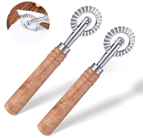JIYIN 2 Pcs Pastry Wheel Cutter, Pastry and Pasta Cutter Wheel, Ravioli Pizza Cutter Wheels with Long Wooden Handle Dumpling Lace Making Noodle Dough Ruffled Edge Cookies Pie Cutting Tool