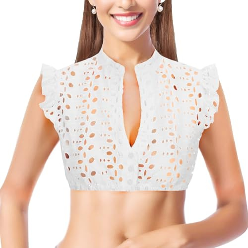 YOUYIKE Chemisier Traditionnel pour Femme Dirndl à Manches Courtes, col en V et Manches flottantes - Chemisier Dirndl Oktoberfest Blanc pour Wiesn,vêtements de Tous Les Jours（S）