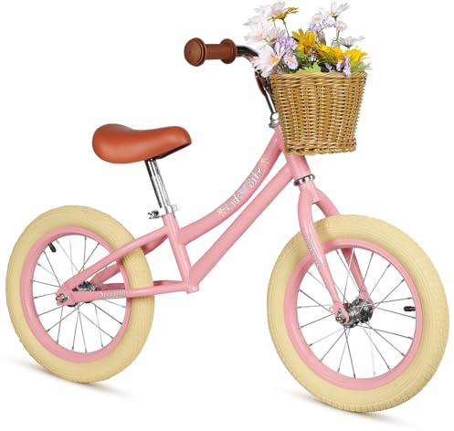 Hello-5ive 14 Inch Balance Bike for Kids, Lightweight Height-adjustable Bike with Removable Basket, Carbon Steel Frame and Rubber Pneumatic Tires, Toddler Balance Bike for 3,4,5,6, Years Old (Pink)