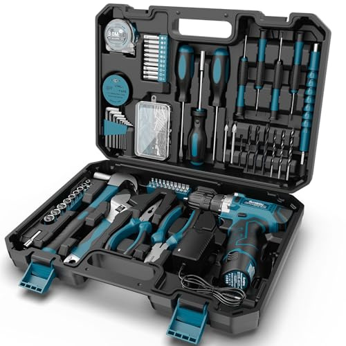 Sundpey Cassetta Attrezzi Completa 206 Pezzi, Trapano Avvitatore Batteria 12V per Serrare/Allentare Viti, Set Attrezzi da Lavoro Valigia Attrezzi Completa per Riparazioni Casalinghe e Fai da Te, Blu