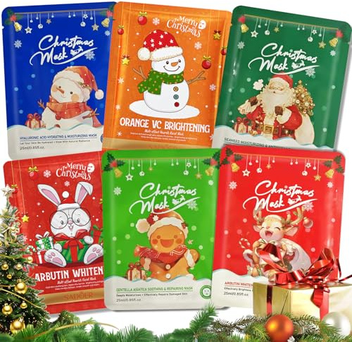 6 Pièces Noël Masque Hydratant Visage,Masques Tissus Hydratants,Masque Visage,Soin Visages Express en 15 Minutes,Cadeaux de Noël pour Collègues, Dames, Mama