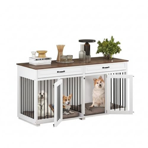 PREMTURE Large Dog Crate Furniture, Wooden Indoor Dog Kennel with 2 Drawers, Heavy Duty Dog Cage for Multiple Dogs, Lockable Dog House, End Side Table Animal Crates for Living Room, White