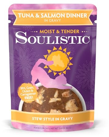 Soulistic Moist and Tender, Tuna and Salmon Dinner in Gravy, 3oz Pouch, Pack of 8