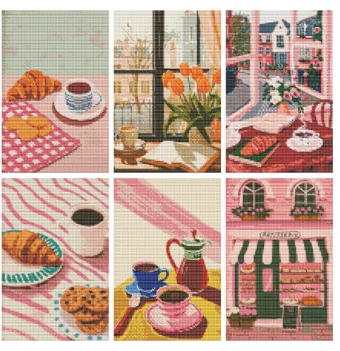 Nhemeylp 6 Pcs Afternoon Tea Aesthetic Diamond Art Kits, Acrylic & Canvas Diamond Art Kits, Gem Art Adults Craft Set with Tools, Croissant Coffee Cookie Patterns, Frameless Decor, Wide Crowds