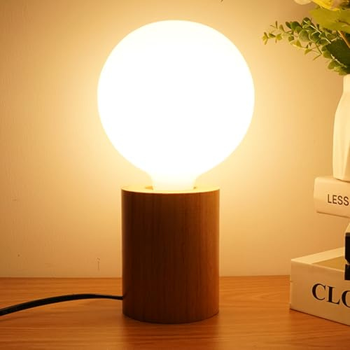 Wood Table Lamps, 7W E27 LED Bedside Lamp, Warm White 3000K, Non-Dimmable | Industrial Bedside Table Lamp, Vintage Desk Lamp with Cable Switch, Wooden Bedside Lamp for Living Room Bedroom