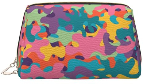 GVYGVY Bolsa de maquillaje de viaje grande – Bolsa de cosméticos de piel de PVC con estampado de camuflaje arcoíris para mujer con cremallera, bolsa de maquillaje portátil resistente al agua para el