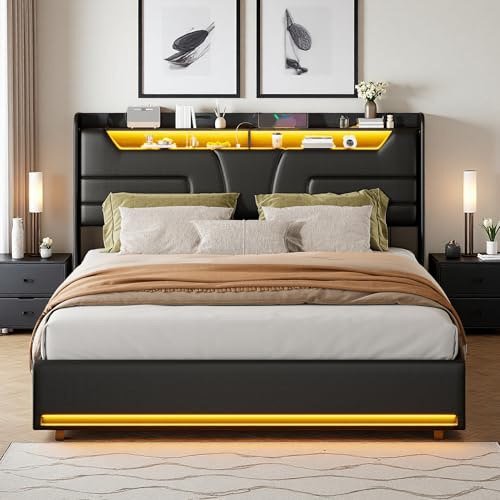 Zorvani Polsterbett Doppelbett 140x200cm mit LED und Stauraum, Kopfteil mit USB, Hydraulisch Stauraumbett, Jugendbett, Bettgestell, PU-Leder Schwarz,Ohne Matratze