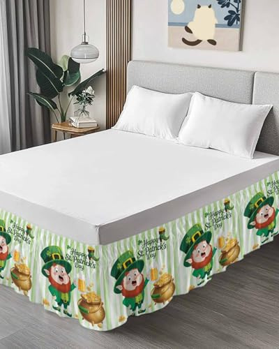 St. Patrick's Day Bed Skirt Queen Size 16 Inch Drop, Elastic Wrap Around Bed Skirts Pleated Dust Ruffles for Twin Full Queen Cal King Base Bed, Green Gnomes Gold Coin Beer Shamrock Stripes