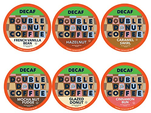 Double Donut Coffee Decaf Flavored Coffee Variety Pack - 6 Traditional Flavors (Caramel Swirl, Hazelnut, Glazed Donut, Mocha Nut Fudge, Vanilla Bean, and Cinnamon Bun) for Keurig K Cups Coffee Makers - 72 Count