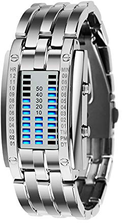 TONSHEN Fashion Binäre Edelstahl Digital Uhren für Herren und Damen Kalender LED Blau Licht Einzigartiges Design Silber Rechteck Bezel Cool Armbanduhr (Damen)
