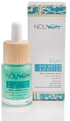 NOUVON – EYE BOOSTER Contorno de Ojos Antiarrugas con Ácido Hialurónico 3P, Vitamina C + Ácido Glicólico l Sérum Facial BIO Hidratante, Rellenador, ULTRA LIFTING para Arrugas, Bolsas y Ojeras 15ml