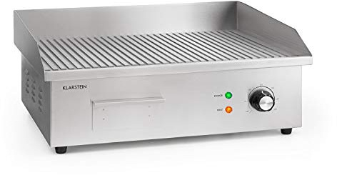 KLARSTEIN Grillmeile 3000R Pro - Piastra Elettrica in Ghisa, Superficie: 54,5 x 35 cm (ondulata), 50-300°C, 3000 W, Grill Elettrico Professionale con Paraspruzzi, Acciaio Inox
