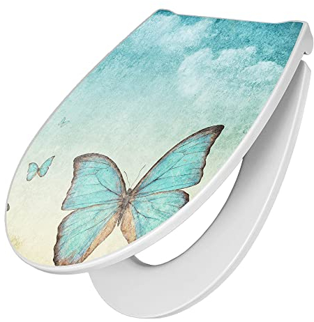 banjado Premium Toilettendeckel mit Absenkautomatik 45x38,4cm / WC Brille Soft Close/hygienischer Toilettendeckel/Klodeckel Duroplast mit Edelstahl Scharnier/Motiv Blaue Schmetterlinge