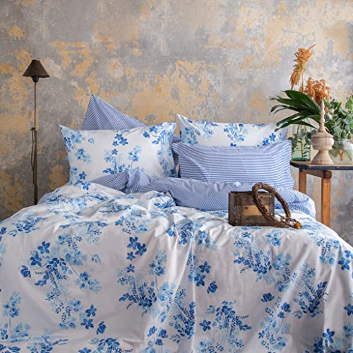 LERUUM Bettwäsche 155x220 Baumwolle Herbst Blumen Gestreift Blau Weiß Reversibel Bettbezug Set mit 1 x Kissenbezug 80x80