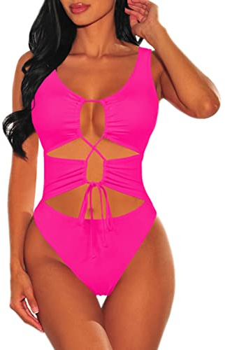 Sovoyontee Women's Sexy One Piece Swimsuits Cheeky Thong Bathing Suits Bikini Monokini, Bright Rose Red, M