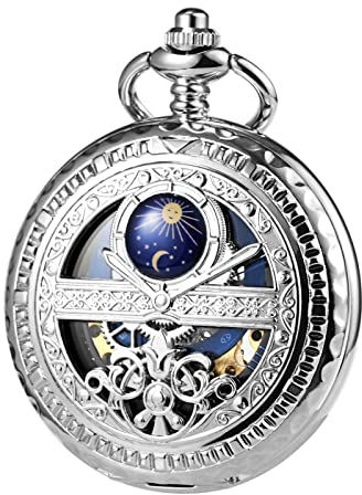 TREEWETO Mechanische Herren Taschenuhr, Sonne und Mond, Skelett, römischen Ziffern, Taschenuhren mit Kette für Herren, Silber
