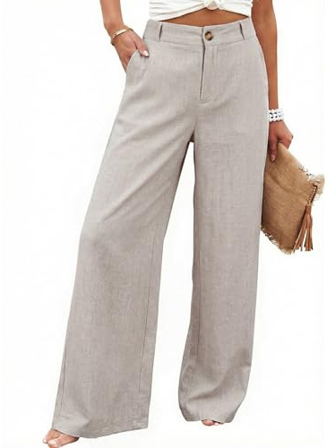 Hooever Womens Cotton Linen Pants Casual Button Up High Waisted Wide Leg Trousers(haki-XL) Khaki