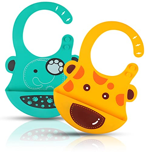 Svalor 2 Stück Lätzchen Baby, BPA-frei Baby Lätzchen mit Auffangschale, Wasserdicht und Weiche Silikon Lätzchen baby, Lätzchen von Niedliches Tiermuster