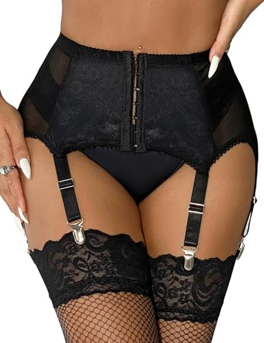 ohyeah Black Plus Size Garter Belt for Thigh Highs Lace Mesh Suspenders Belt with 6 Metal Clip Vintage Garter Belt Lingerie Set for Women 3XL-4XL