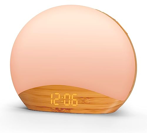 REACHER Holzmaserung Sunrise Licht Wecker Nachtlicht und Sound Maschine, Digital dimmbare Uhr für Schlafzimmer, 26 Schlaf Sounds, Weiße Geräusch Maschine für Baby, Erwachsene, Lichtwecker für Kinder