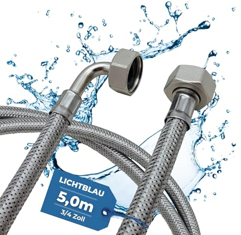 Lichtblau Tuyau en acier inoxydable résistant aux torsions I 5 m I Raccord 3/4 pour machine à laver et lave-vaisselle I Tuyau blindé coudé/droit avec joint I Utilisation universelle