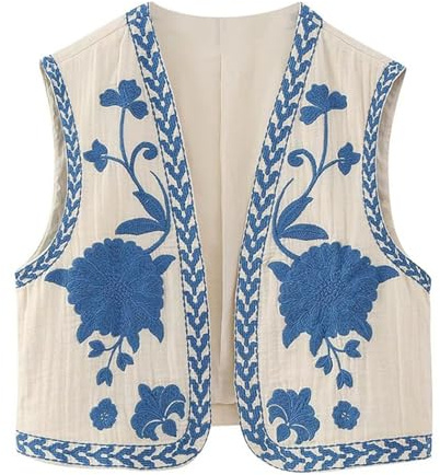 Siyova Women Vest Sleeveless Vintage Cardigan Floral Embroidered Open Front Crop Top Summer Boho Retro Waistcoat Women Gilet Casual Street (Blue, M)
