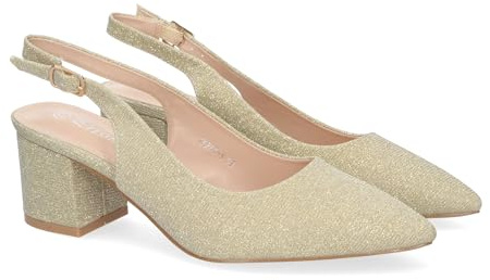 shoes&blues.es 81537-Zapato de Salon para Mujer, Diseno Elegante con Tacon, Abierto por el Talon, Puntera Fina y Cierre de Hebilla Ajustable.. Talla 37 Oro