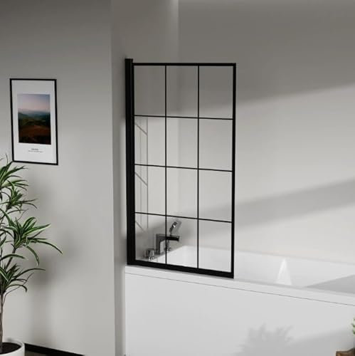 Bath Shower Screen Black Grid Folding Glass Panel 800 by 1400mm (Black Grid and Trim)