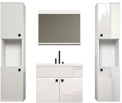 trendteam smart living Haven Badmöbel-Set Weiß/Weiß Hochglanz Lackiert 142 x 133 x 40 cm Waschbeckenschrank Hängend Inklusive Keramik-Einsatzwaschbecken 2 Hochschränke 1 Spiegel