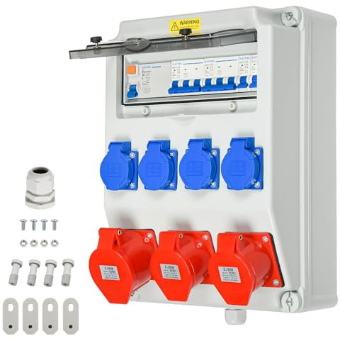TEOV Répartiteur de courant de construction mural avec interrupteur LS et interrupteur FI, IP44 2 x CEE 16 A 5P + 1 x CEE 32A+ 4 x 230 V Schuko Distributeur de courant mural pour l'intérieur et