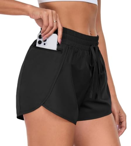 PrinStory Women 2 in 1 Running Shorts Side Split High Waist Drawstring Gym Shorts with Phone Pocket Cycling Sport (Black, S)