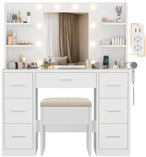 Devoko Große Schminktisch mit LED Beleuchtung und Hocker, Frisiertisch mit Spiegel und Steckdose, 7 Schubladen, Offenen Regalen, Moderner Kosmetiktisch (Weiß)