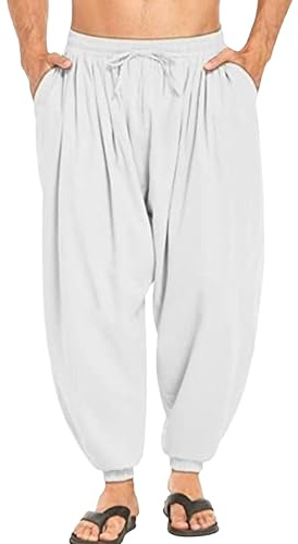 Herr Harem Linne Byxor Elastisk midja Dragsko Baggy kläder Sommar Beach Boho Yoga Byxor