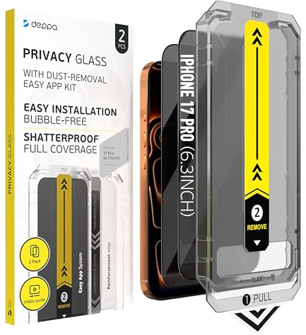 Deppa |2 Pezzi| Pellicola Privacy per iPhone 17 Pro (6,3) con Kit di Installazione Facile | Anti-Polvere e Anti-Bolle | Vetro Temperato Anti-Spia, Ultra Resistente, Copertura Totale, Anti-Graffi
