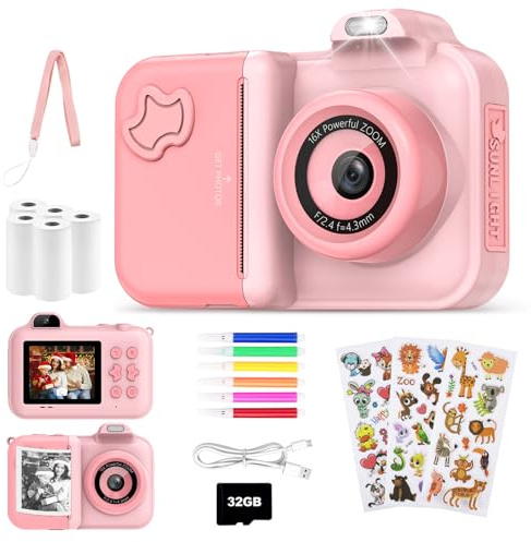 JoJoego Appareil Photo Instantané Enfant, 2.4 Écran 12 MP Appareil Photo Enfant, 1080P HD Double Caméra, Mode Selfie, 32GB Carte, 5 Roll Papier d'impression, Cadeau pour Enfants de 3-12 Ans, Rose