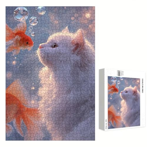 Puzzle 700 Piezas Adultos Gato & Carpa koi, Rompecabezas con Letras Traseras y Póster, Pasatiempo Antiestrés, Decoración de Pared, Regalo Decorar Mujer Hombre 52 x 38 cm (14 Años +) P3#1319