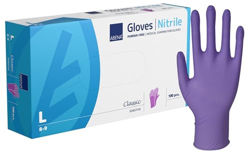 ABENA Purple Disposable Nitrile Gloves, Large, Pack of 100, Powder Free, Latex Free, Examination Gloves for Cleaning, Food Prep, Beauty, Medical & Hygiene, Strong Single Use Protective Gloves