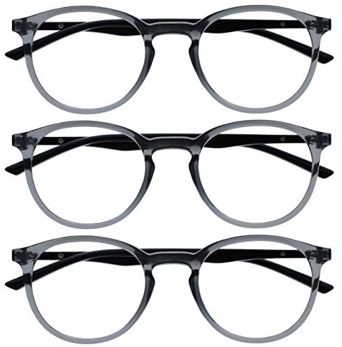 OPULIZE Met Gafas con Bloqueo de Luz Azul Pack de 3 Montura Redonda Gris Transparente Negro Resistente a Arañazos Bisagras de Muelle Ordenador Gaming Antirreflejante Hombre Mujer BBB60-7 +0.00