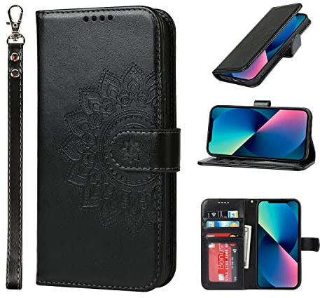 ELTEKER Cover per iPhone 13, Custodia in Pelle Flip Libro Pieghevole Con Slot per Scheda e Funzione di Supporto, Nero