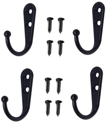 Yesmin 4 PCS Wall Mounted Hooks Coat Hooks Retro Door Robe Hook for Hanging Towel Clothes Hat Key Cup Single Metal Hook Cloth Hanger for in Bedroom Bathroom Kitchen Cupboard (with 8 Pcs Screws)-Black