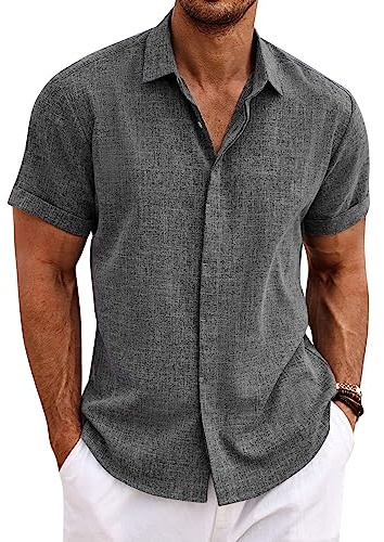 COOFANDY Men's Linen Untucked Button Up Shirt Casual Short Sleeve Slim Fit Summer Shirts Dark Grey
