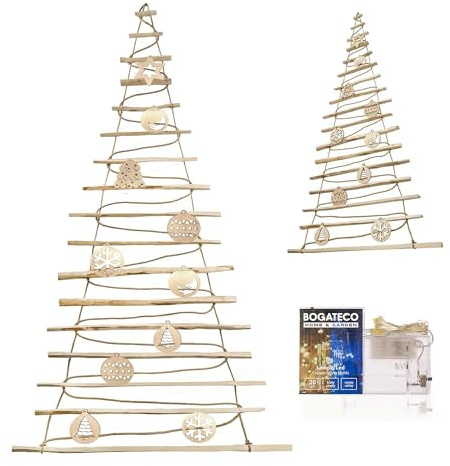 BOGATECO Sapin de Noël fait à la main Hauteur 205 cm avec décorations en bois de noisette, pendentif décoratif avec lumières LED de 10 m, panneaux en bois reliés à une corde de jute avec un