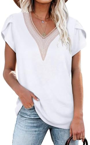 PLOKNRD Damen T-Shirt Elegant Spitze V-Ausschnitt Oberteile Blütenblatt Ärmel Kurzarm Bluse Sommer Locker Tops 2XL Weiß