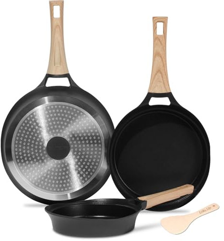 ESLITE LIFE Nonstick Deep Frying Pan Skillet Set, Healthy Granite Coating Egg Omelette Pan Stone Cookware Chef's Pan, PFOA Free(Black, 4-Piece)